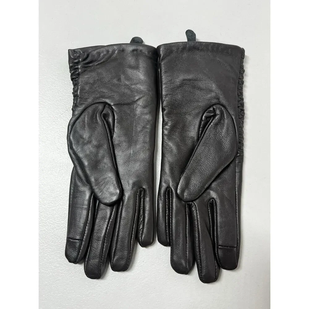Adrienne Vittadini Leather Fleece Lined Gloves Womens Medium Soft Black Ruched